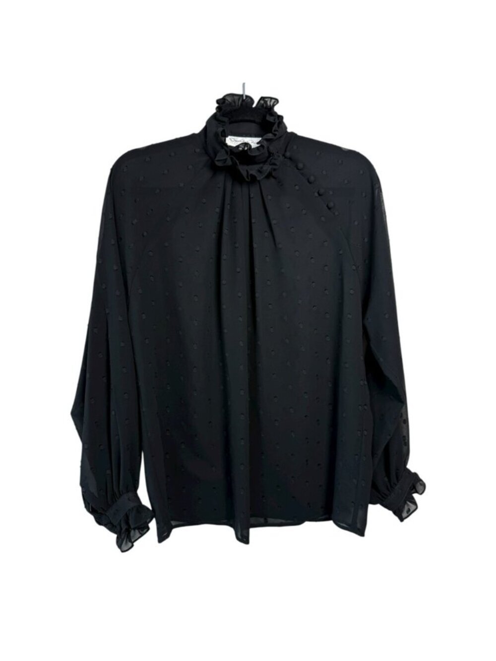 Oscar de la Renta Sport Polkadot Ruffle Victorian Blouse Top Size 6 Black Sheer